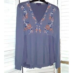 Artesia Women's Blouse Size Large Gray Boho V-Neck Top Long Sleeve Hi Low Hem